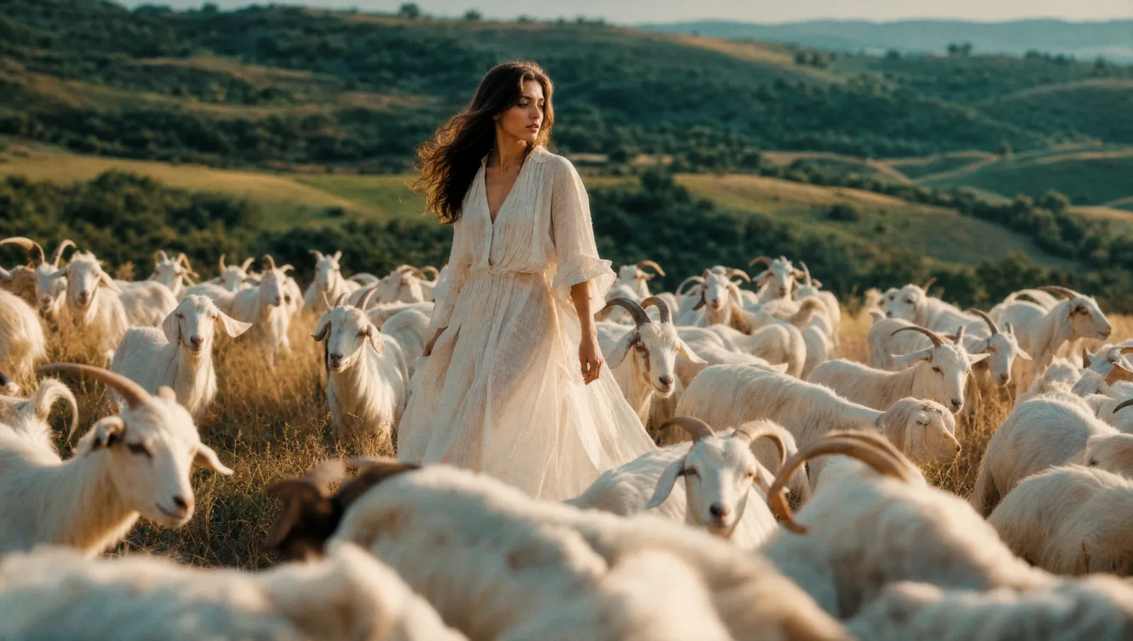 Woman in a white dress walking through a herd of goats