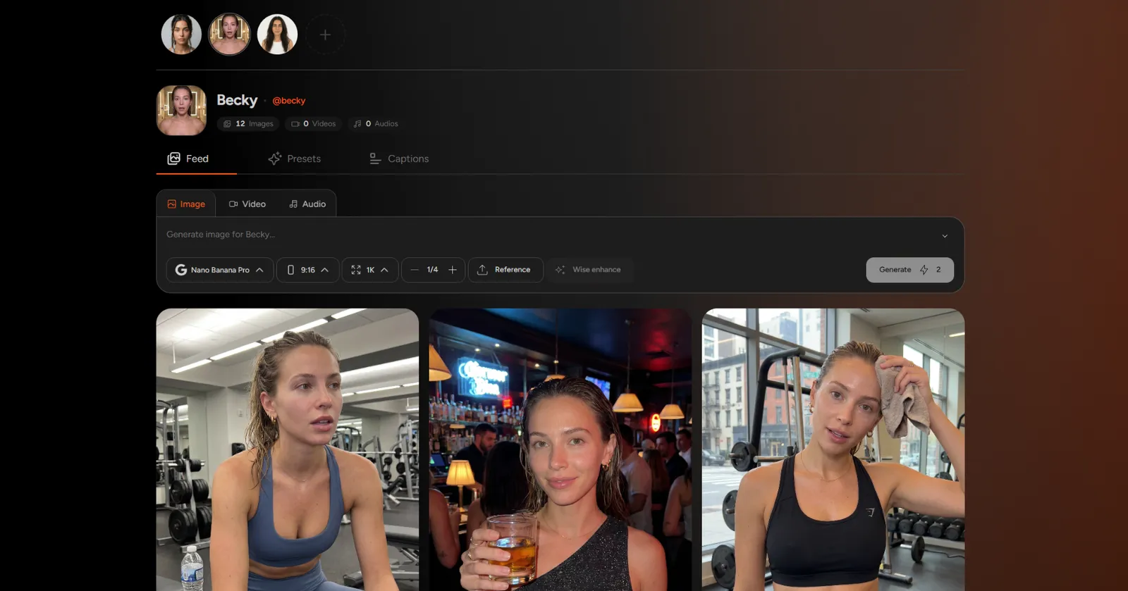 Influencer Studio profile with a feed of generated on-brand images