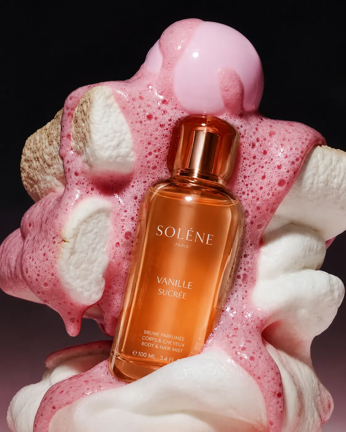 AI-generated product shot of an amber perfume bottle in pink foam